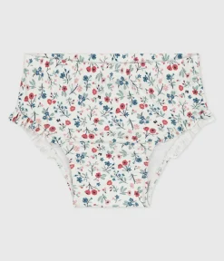 Petit Bateau Bademode, Uv-Kleidung*Baby-Badehose mit Rüschen und Blumenmuster weiss MARSHMALLOW/weiss MULTICO
