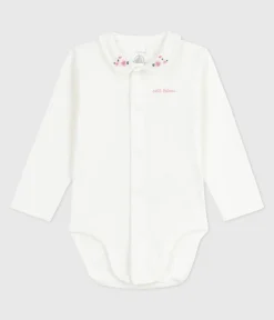 Petit Bateau T-Shirts, Oberteile|Newborn*Baby-Body mit besticktem Kragen und Schriftzug an der Brust weiss MARSHMALLOW/rosa CHARME