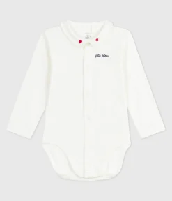 Petit Bateau T-Shirts, Oberteile|Newborn*Baby-Body mit besticktem Kragen und Schriftzug an der Brust weiss MARSHMALLOW/ROT