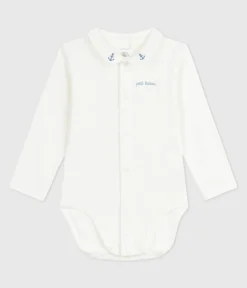Petit Bateau T-Shirts, Oberteile|Newborn*Baby-Body mit besticktem Kragen und Schriftzug an der Brust MARSHMALLOW/ ADRIATIC
