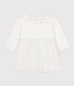 Petit Bateau Kleider*Baby-Kleid aus Doppeljersey und Tüll weiss MARSHMALLOW/grau ARGENT