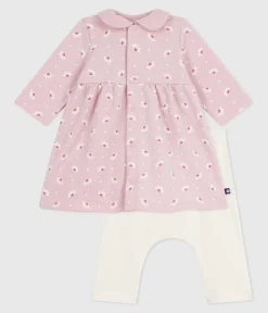 Petit Bateau Kleider|Newborn*Baby-Kleid mit Kragen Blumen- und Herzmotiv und dazu passende Leggings aus Baumwolle rosa JOLI/weiss MULTICO