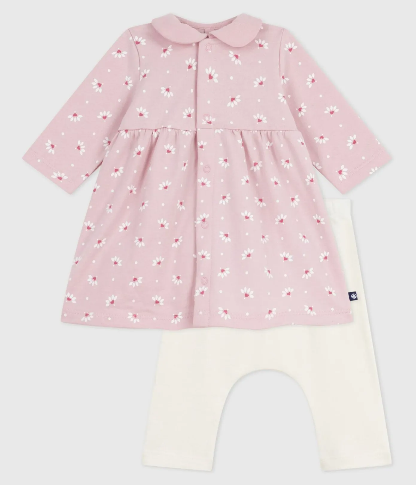 Petit Bateau Kleider|Newborn*Baby-Kleid mit Kragen Blumen- und Herzmotiv und dazu passende Leggings aus Baumwolle rosa JOLI/weiss MULTICO