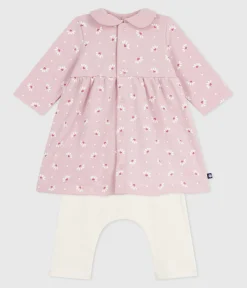 Petit Bateau Kleider|Newborn*Baby-Kleid mit Kragen Blumen- und Herzmotiv und dazu passende Leggings aus Baumwolle rosa JOLI/weiss MULTICO