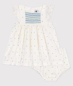 Petit Bateau Kleider*Baby-Kleid und Bloomer aus Baumwolle mit Pünktchen-Muster weiss MARSHMALLOW/weiss MULTICO