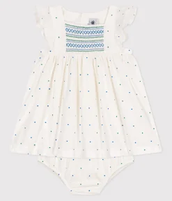 Petit Bateau Kleider*Baby-Kleid und Bloomer aus Baumwolle mit Pünktchen-Muster weiss MARSHMALLOW/weiss MULTICO