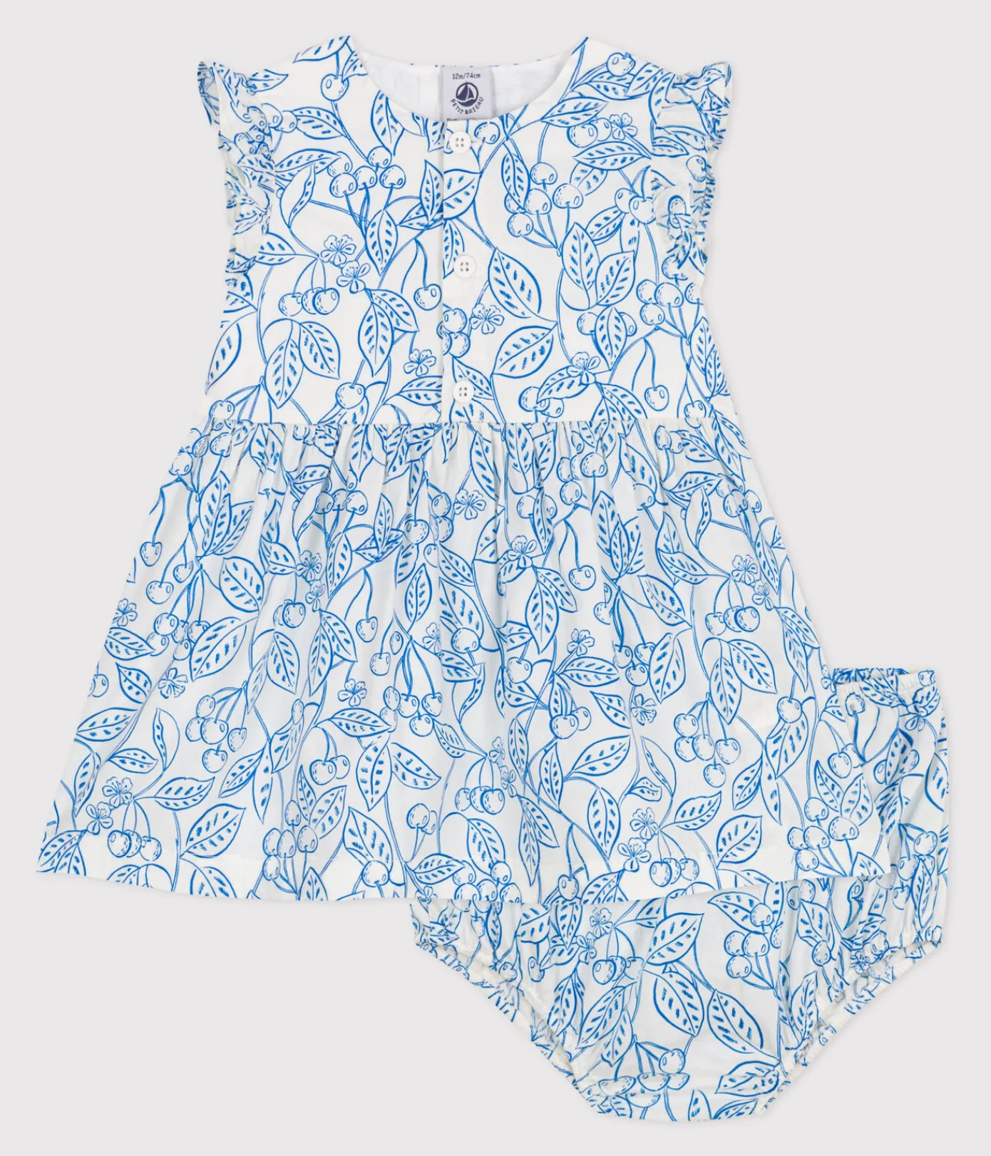 Petit Bateau Kleider*Baby-Kleid und Bloomer aus Baumwolle mit blauem Kirschmuster blau MARSHMALLOW/ PORCELANA