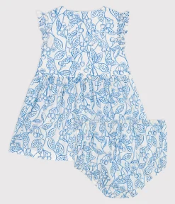 Petit Bateau Kleider*Baby-Kleid und Bloomer aus Baumwolle mit blauem Kirschmuster blau MARSHMALLOW/ PORCELANA