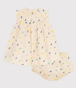 Petit Bateau Kleider|Newborn*Babykleid und Bloomers aus bedrucktem Popeline weiss AVALANCHE/ MULTICO