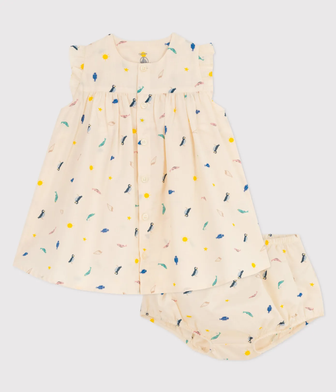 Petit Bateau Kleider|Newborn*Babykleid und Bloomers aus bedrucktem Popeline weiss AVALANCHE/ MULTICO