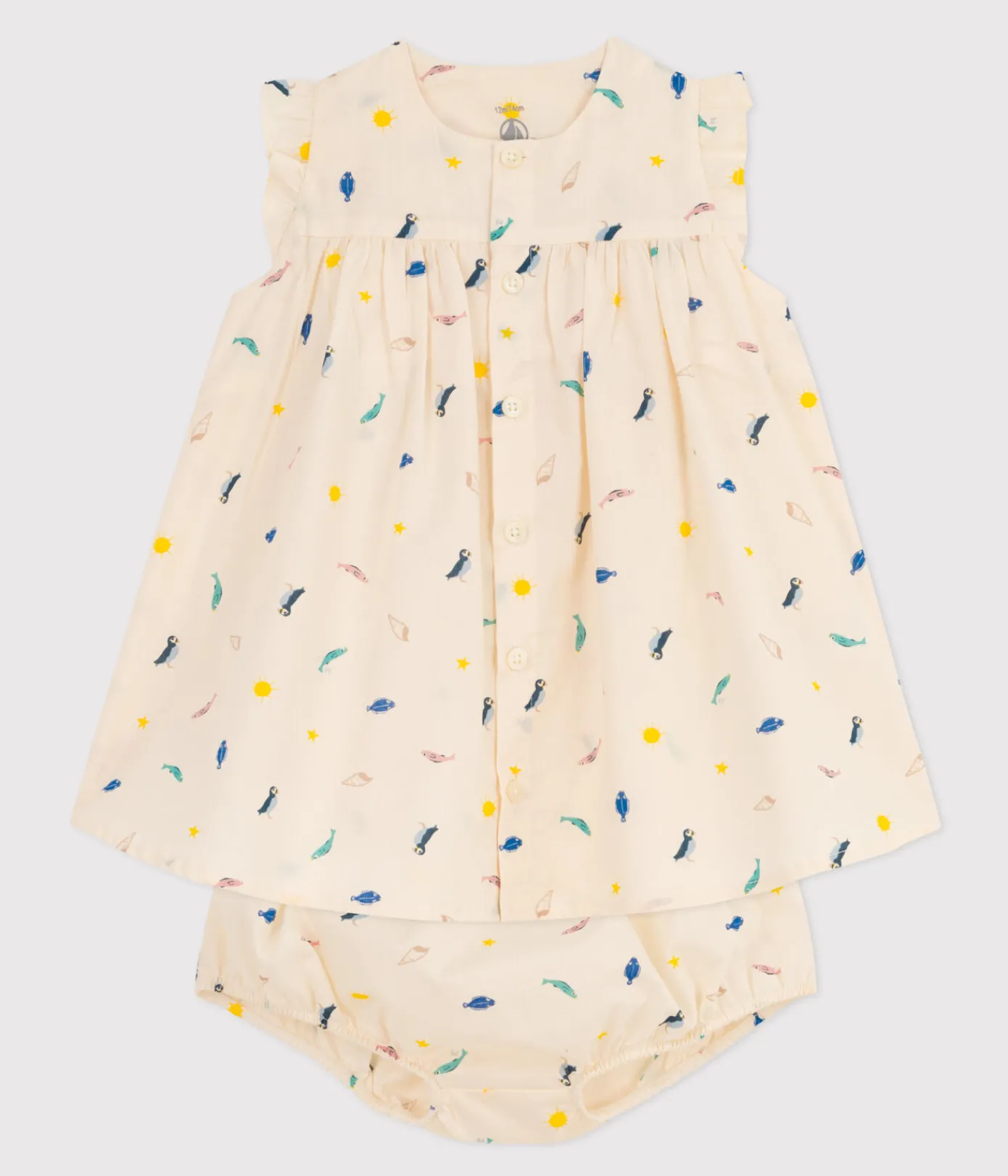 Petit Bateau Kleider|Newborn*Babykleid und Bloomers aus bedrucktem Popeline weiss AVALANCHE/ MULTICO