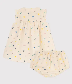 Petit Bateau Kleider|Newborn*Babykleid und Bloomers aus bedrucktem Popeline weiss AVALANCHE/ MULTICO