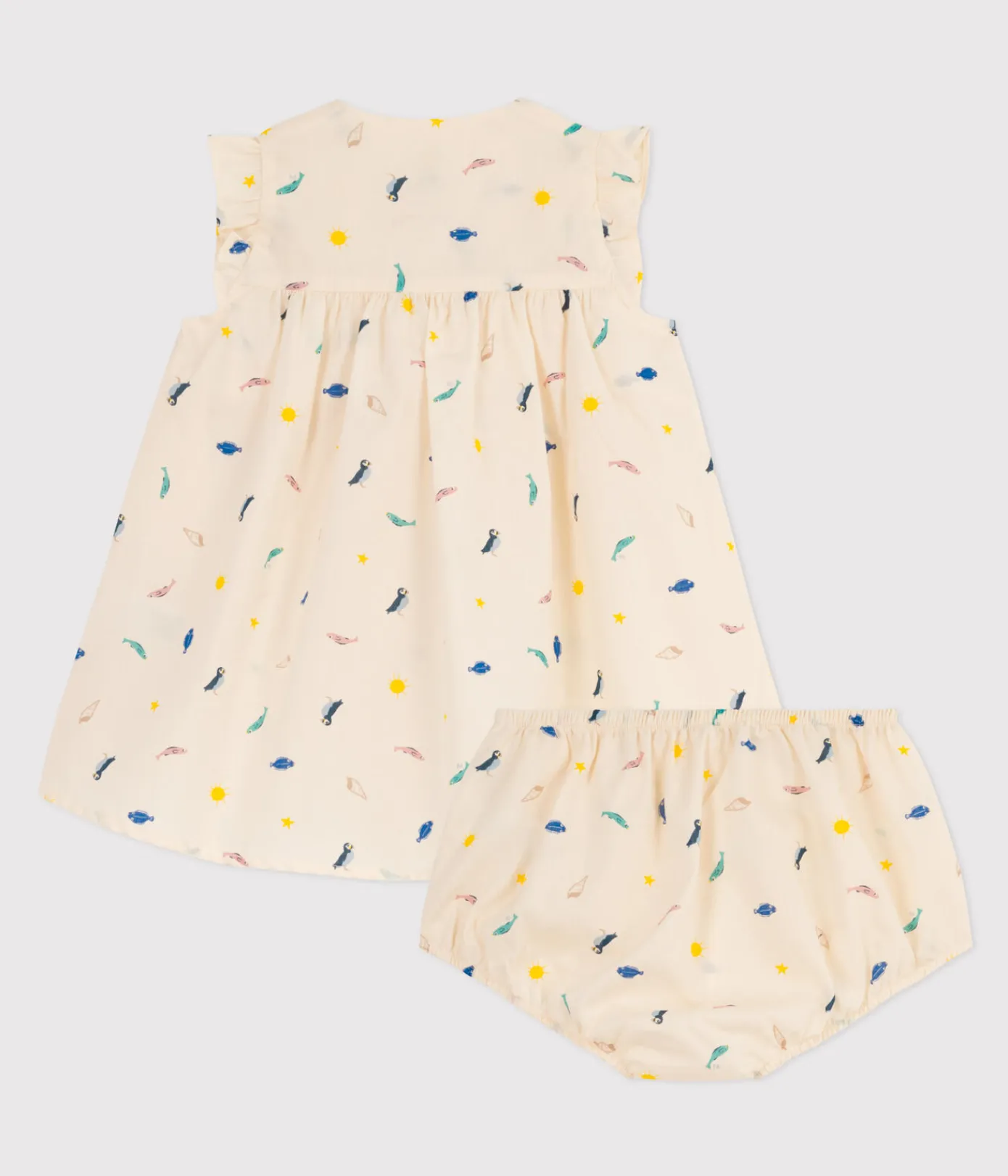 Petit Bateau Kleider|Newborn*Babykleid und Bloomers aus bedrucktem Popeline weiss AVALANCHE/ MULTICO