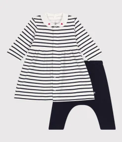 Petit Bateau Kleider|Newborn*Baby-Kleid und Leggings aus Baumwolle weiss MARSHMALLOW/blau SMOKING