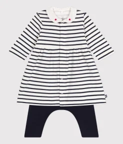 Petit Bateau Kleider|Newborn*Baby-Kleid und Leggings aus Baumwolle weiss MARSHMALLOW/blau SMOKING