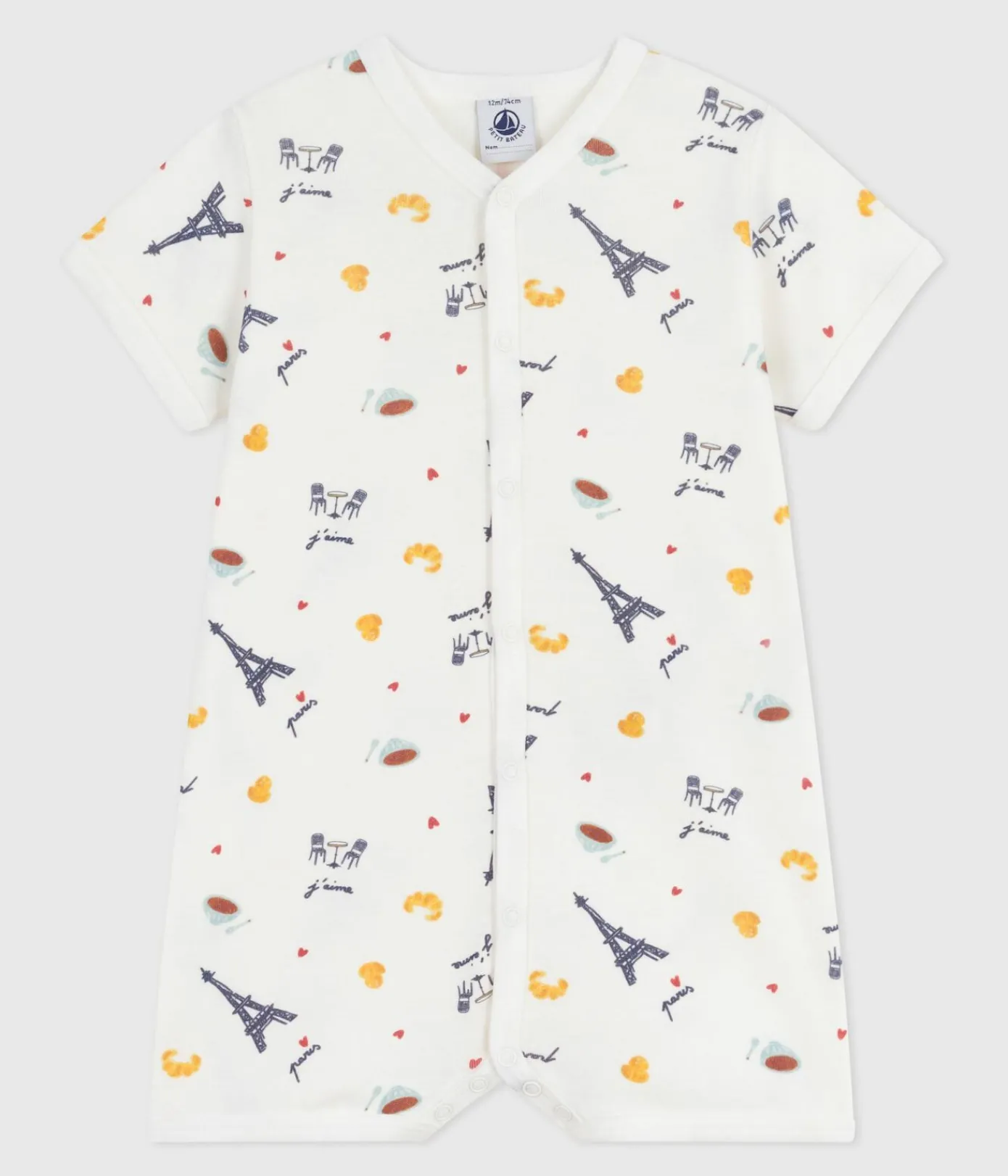 Petit Bateau Schlafanzüge, Strampler|Sets, Overalls & Latzhosen*Baby-Kurzoverall mit Kragen aus Baumwolle Paris-Motiv weiss MARSHMALLOW/weiss MULTICO