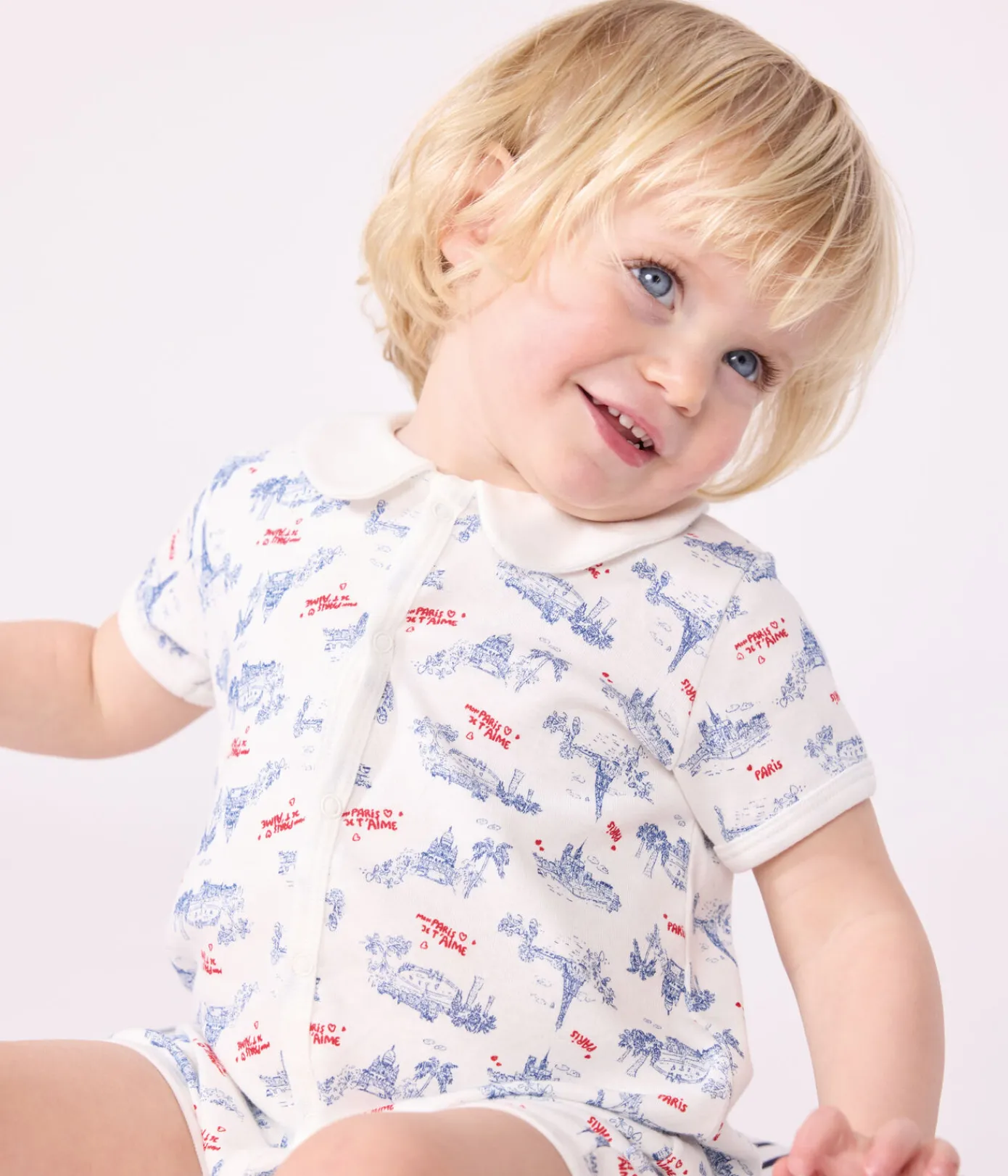 Petit Bateau Schlafanzüge, Strampler|Sets, Overalls & Latzhosen*Baby-Kurzoverall mit Paris-Motiv am Kragen weiss MARSHMALLOW/weiss MULTICO