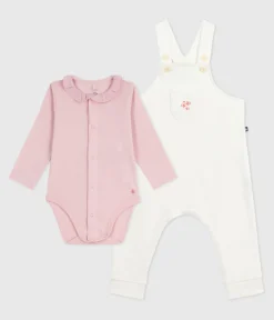 Petit Bateau Sets, Overalls & Latzhosen|Newborn*Baby-Latzhosen-Set aus einfarbiger Baumwolle mit hübschen Verzierungen MILK/ JOLI