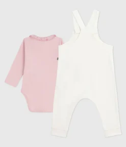 Petit Bateau Sets, Overalls & Latzhosen|Newborn*Baby-Latzhosen-Set aus einfarbiger Baumwolle mit hübschen Verzierungen MILK/ JOLI
