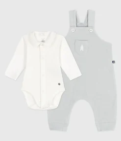 Petit Bateau Sets, Overalls & Latzhosen|Newborn*Baby-Latzhosen-Set aus einfarbiger Baumwolle mit hübschen Verzierungen CO2/ MARSHMALLOW
