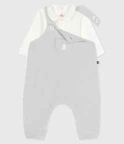 Petit Bateau Sets, Overalls & Latzhosen|Newborn*Baby-Latzhosen-Set aus einfarbiger Baumwolle mit hübschen Verzierungen CO2/ MARSHMALLOW