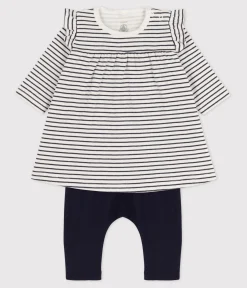 Petit Bateau Kleider|Newborn*Baby-Leggings-Kleid mit Streifen für Mädchen weiss MARSHMALLOW/blau SMOKING