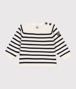 Petit Bateau Pullover, Cardigans*Baby-Pullover aus Woll- und Baumwollstrick weiss MARSHMALLOW/blau SMOKING