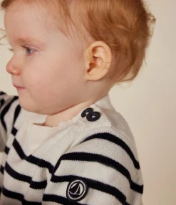 Petit Bateau Pullover, Cardigans*Baby-Pullover aus Woll- und Baumwollstrick weiss MARSHMALLOW/blau SMOKING