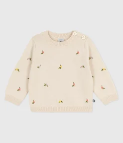 Petit Bateau Pullover, Cardigans*Baby-Pullover aus Wolle und Baumwolle mit bestickten Blumen weiss AVALANCHE/ MULTICO