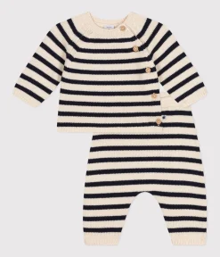 Petit Bateau Sets, Overalls & Latzhosen|Newborn*Baby-Set aus Woll- und Baumwoll-Strick mit Marinestreifen weiss AVALANCHE/blau SMOKING