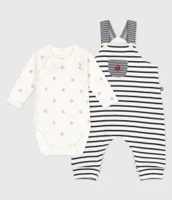 Petit Bateau Sets, Overalls & Latzhosen|Newborn*Baby-Set Latzhose mit Marinestreifen und gemusterter Body weiss MARSHMALLOW/blau SMOKING