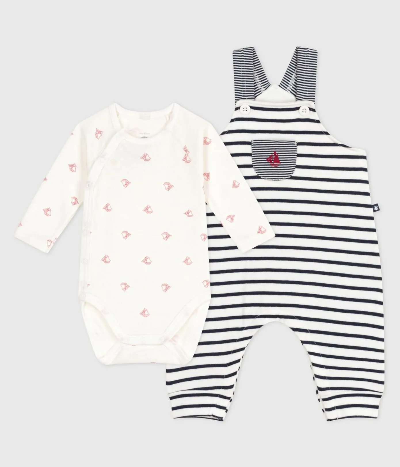 Petit Bateau Sets, Overalls & Latzhosen|Newborn*Baby-Set Latzhose mit Marinestreifen und gemusterter Body weiss MARSHMALLOW/blau SMOKING