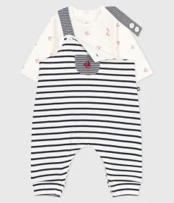 Petit Bateau Sets, Overalls & Latzhosen|Newborn*Baby-Set Latzhose mit Marinestreifen und gemusterter Body weiss MARSHMALLOW/blau SMOKING