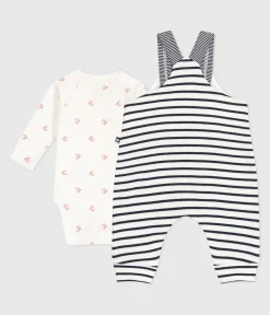 Petit Bateau Sets, Overalls & Latzhosen|Newborn*Baby-Set Latzhose mit Marinestreifen und gemusterter Body weiss MARSHMALLOW/blau SMOKING