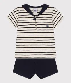 Petit Bateau Sets, Overalls & Latzhosen*Baby-Set T-Shirt und Shorts aus Jersey weiss AVALANCHE/blau SMOKING