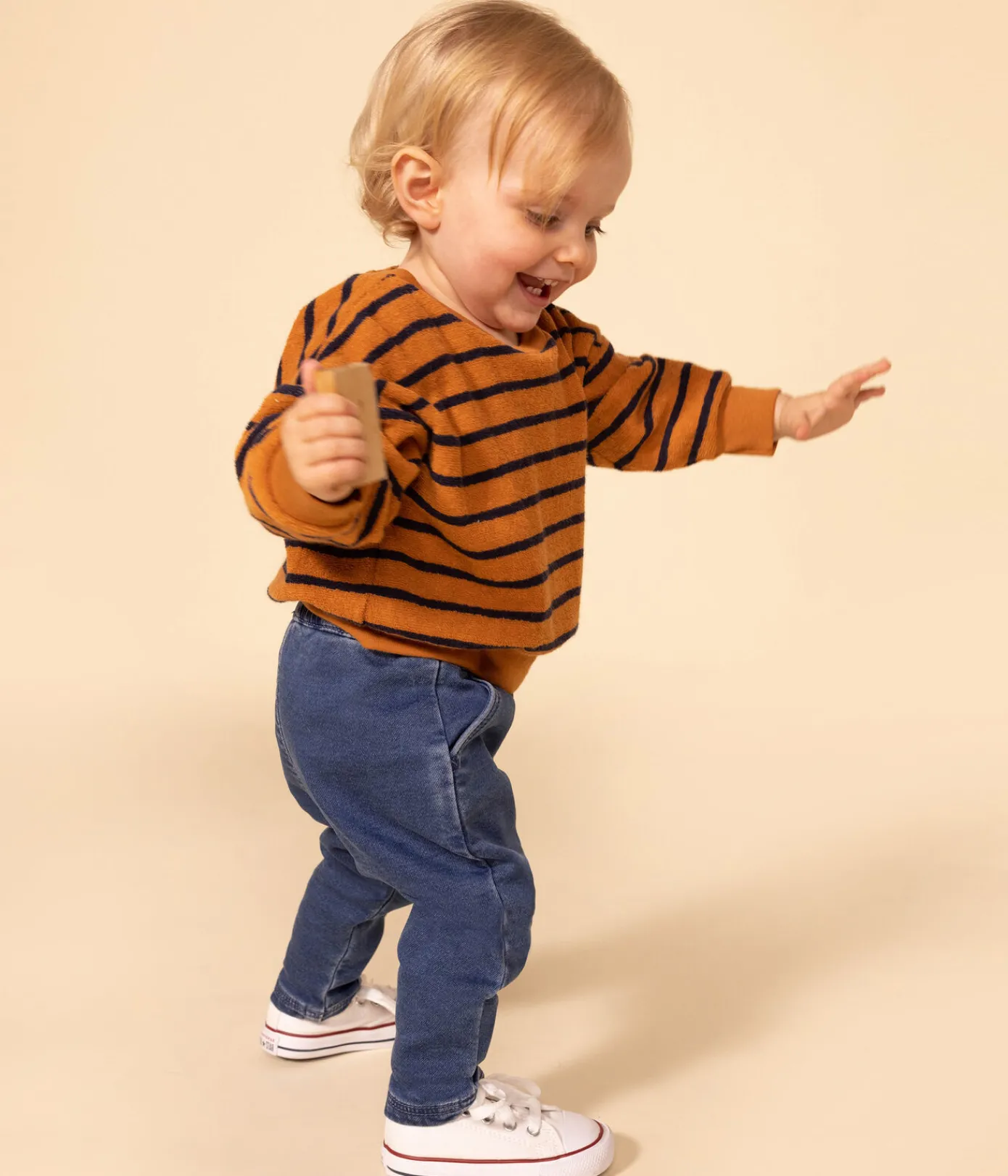 Petit Bateau Pullover, Cardigans*Baby-Sweatshirt aus gestreiftem Bouclé-Frottier ECUREUIL/ SMOKING
