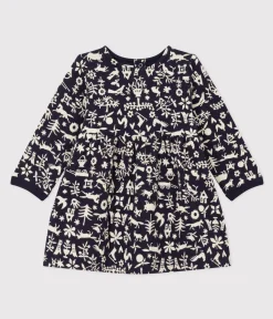 Petit Bateau Kleider*Bedrucktes langärmeliges Babykleid aus gestepptem Doppeljersey blau SMOKING/ AVALANCHE
