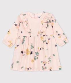 Petit Bateau Kleider*Bedrucktes langärmeliges Babykleid aus Musselin rosa SALINE/weiss MULTICO