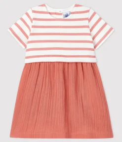 Petit Bateau Kleider*Bio-Babykleid aus Musselin und dichtem Jersey weiss MARSHMALLOW/ PAPAYE