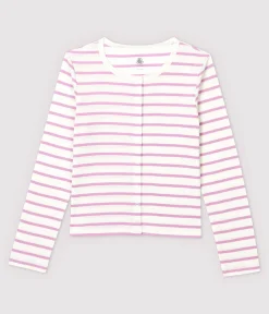 Petit Bateau Homewear|Streifenshirts, Pullover, Cardigans*Cardigan aus gestreifter Baumwolle/Leinen Damen weiss MARSHMALLOW/rosa BOHEME
