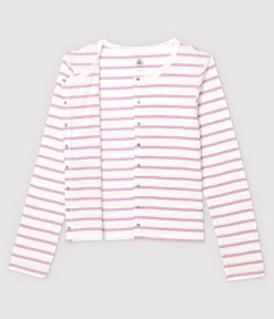 Petit Bateau Homewear|Streifenshirts, Pullover, Cardigans*Cardigan aus gestreifter Baumwolle/Leinen Damen weiss MARSHMALLOW/rosa BOHEME