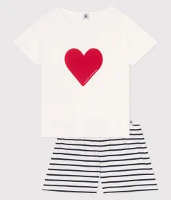 Petit Bateau Schlafanzüge, Nachthemden*Damen-Kurzpyjama aus Baumwolle mit Herzmotiv weiss MARSHMALLOW/blau SMOKING