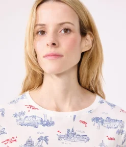 Petit Bateau Schlafanzüge, Nachthemden*Damen-Kurzpyjama aus Baumwolle mit Paris-Motiv weiss MARSHMALLOW/weiss MULTICO