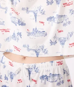 Petit Bateau Schlafanzüge, Nachthemden*Damen-Kurzpyjama aus Baumwolle mit Paris-Motiv weiss MARSHMALLOW/weiss MULTICO