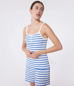 Petit Bateau Schlafanzüge, Nachthemden*Damen-Kurzpyjama mit feinen Trägern aus gestreifter Baumwolle weiss MARSHMALLOW/blau PERSE