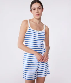 Petit Bateau Schlafanzüge, Nachthemden*Damen-Kurzpyjama mit feinen Trägern aus gestreifter Baumwolle weiss MARSHMALLOW/blau PERSE