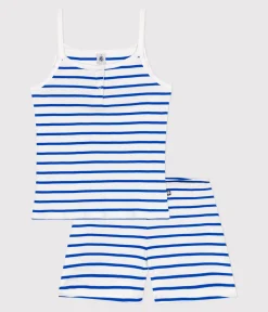 Petit Bateau Schlafanzüge, Nachthemden*Damen-Kurzpyjama mit feinen Trägern aus gestreifter Baumwolle weiss MARSHMALLOW/blau PERSE