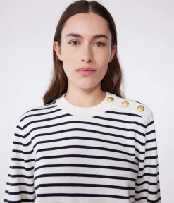 Petit Bateau Homewear|Streifenshirts, Pullover, Cardigans*Damen-Marinepullover aus Baumwolle mit Streifen weiss MARSHMALLOW/blau SMOKING