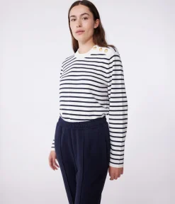 Petit Bateau Homewear|Streifenshirts, Pullover, Cardigans*Damen-Marinepullover aus Baumwolle mit Streifen weiss MARSHMALLOW/blau SMOKING