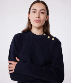 Petit Bateau Homewear|Streifenshirts, Pullover, Cardigans*Damen-Marinepullover aus einfarbiger Baumwolle blau SMOKING